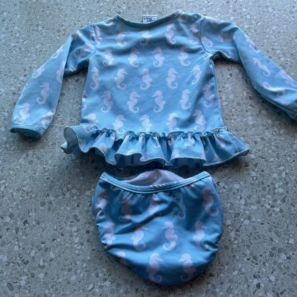 Vintage The Bailey Boys Novelty Print Seahorse Blue & White 2 pc. Swim 18Mo
